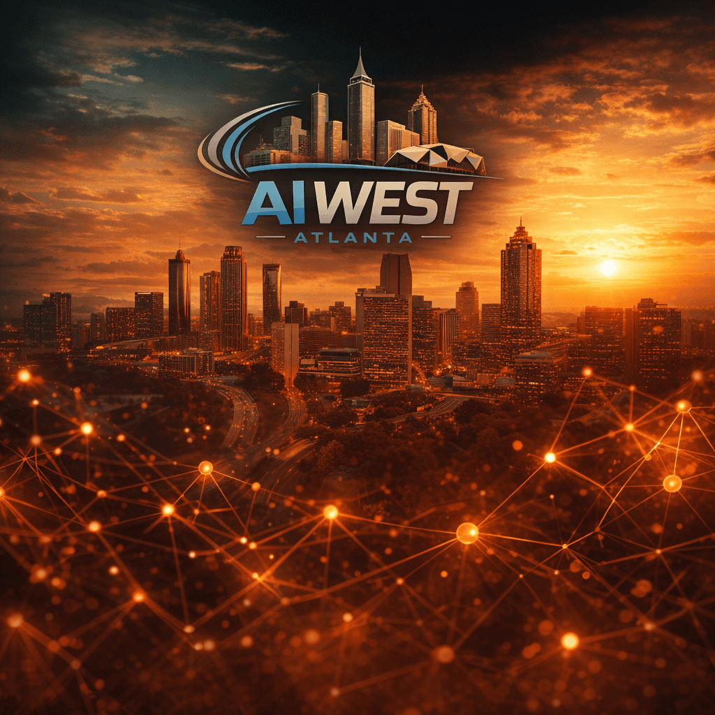 AI West Atlanta square social media image with logo — Atlanta skyline at golden hour with glowing AI neural network elements and the AI West Atlanta logo prominently displayed