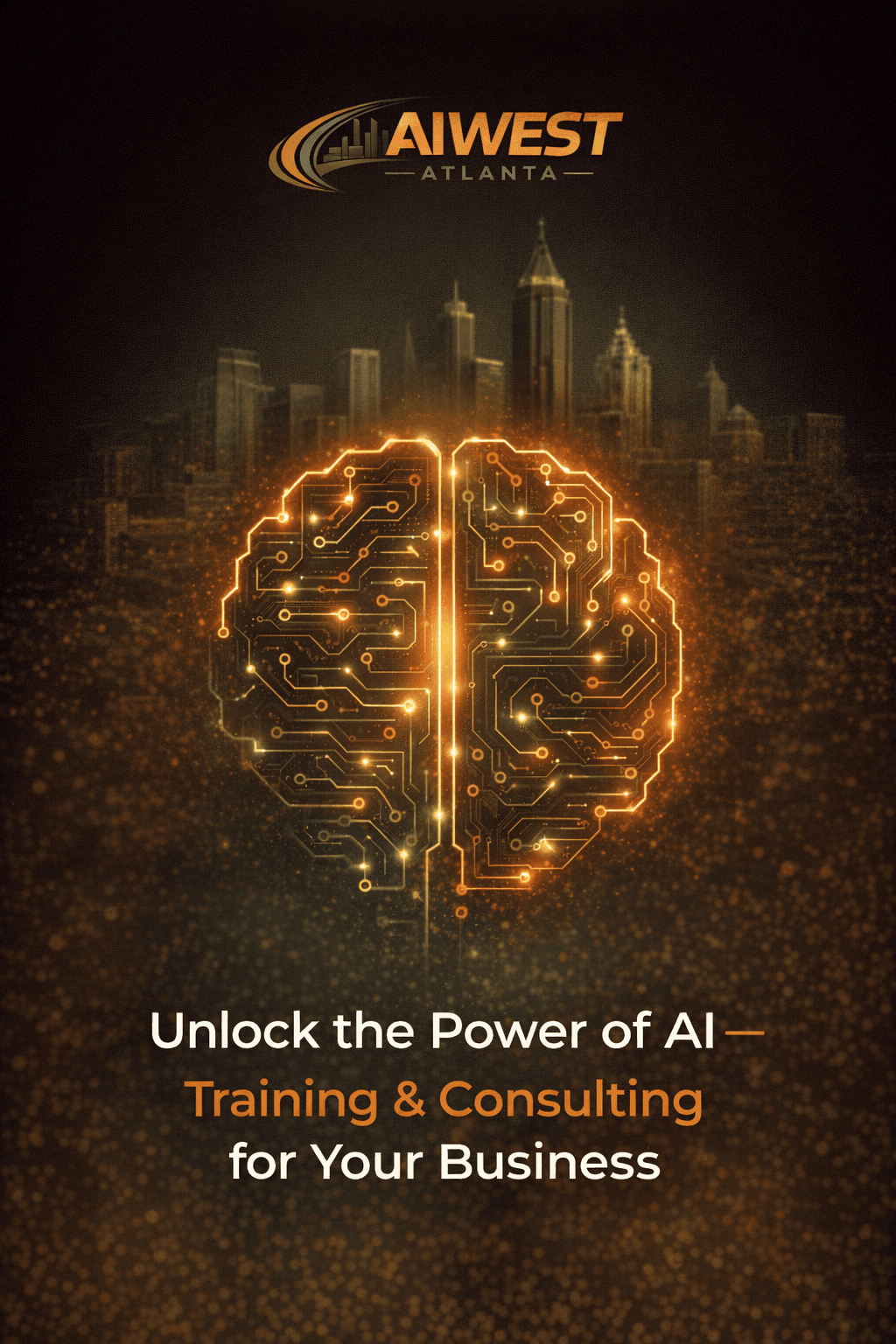 Vertical social media post for AI West Atlanta showcasing AI training and consulting services with Atlanta skyline and neural network graphic