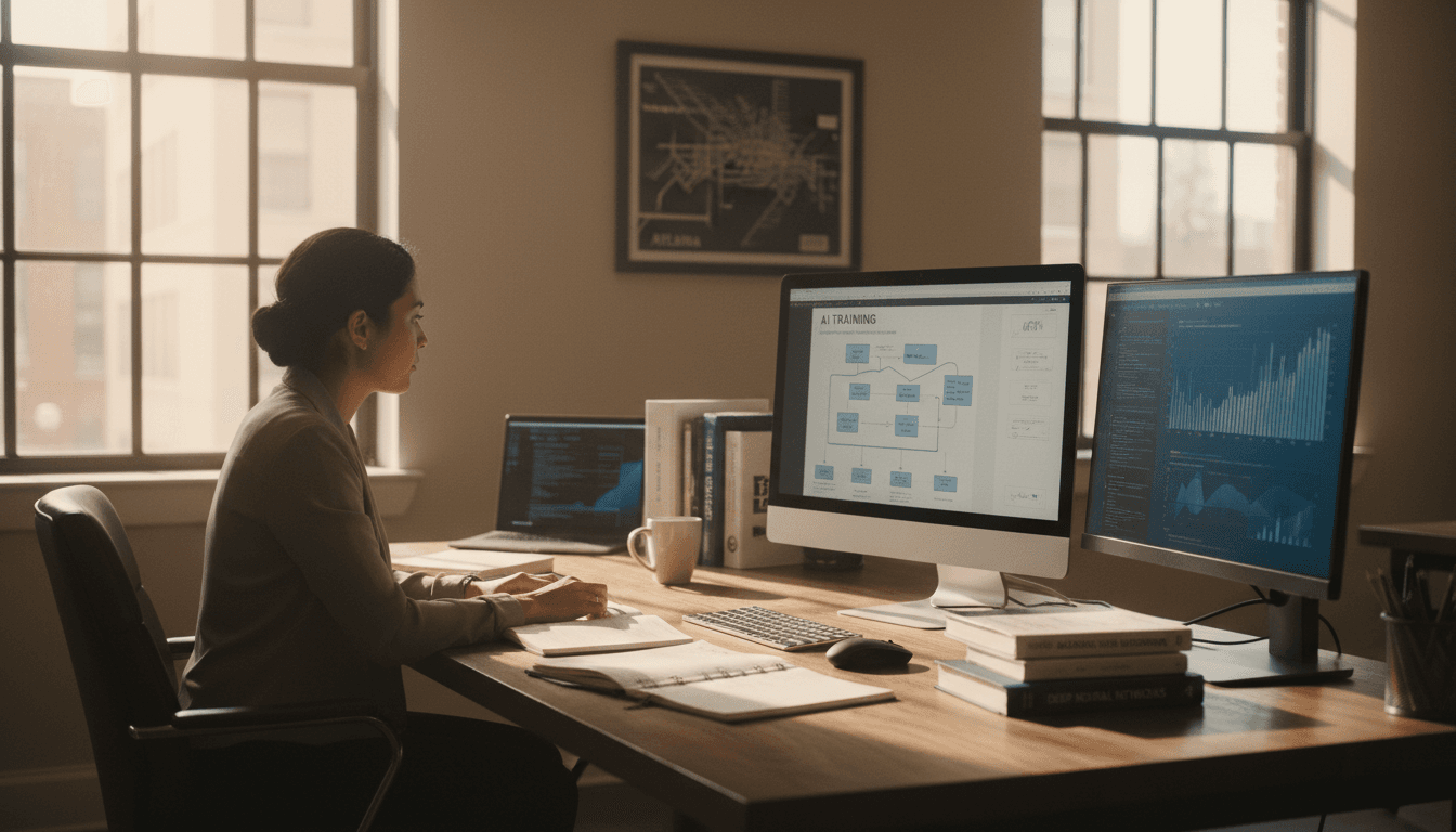 Professional AI consultant workspace with training materials and modern technology