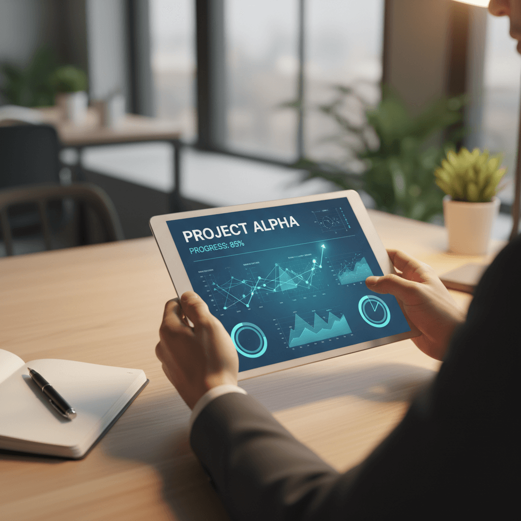 Professional reviewing AI analytics and progress data