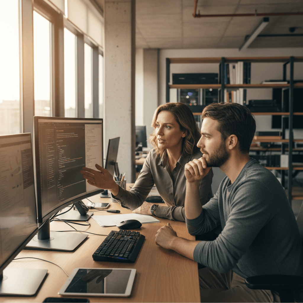 Consultant and team member implementing AI tools together