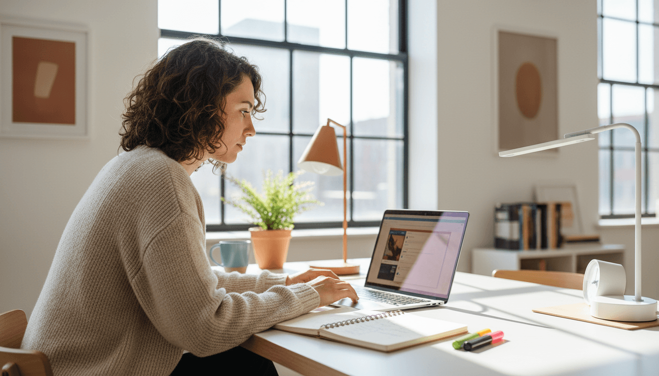 Professional reviewing AI training materials on a laptop