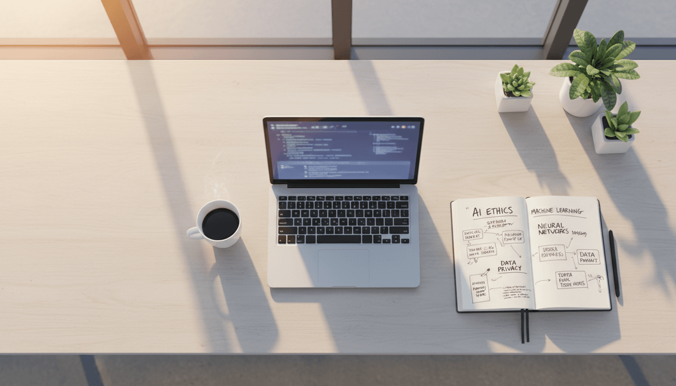 Modern workspace with laptop and notes for AI consulting work